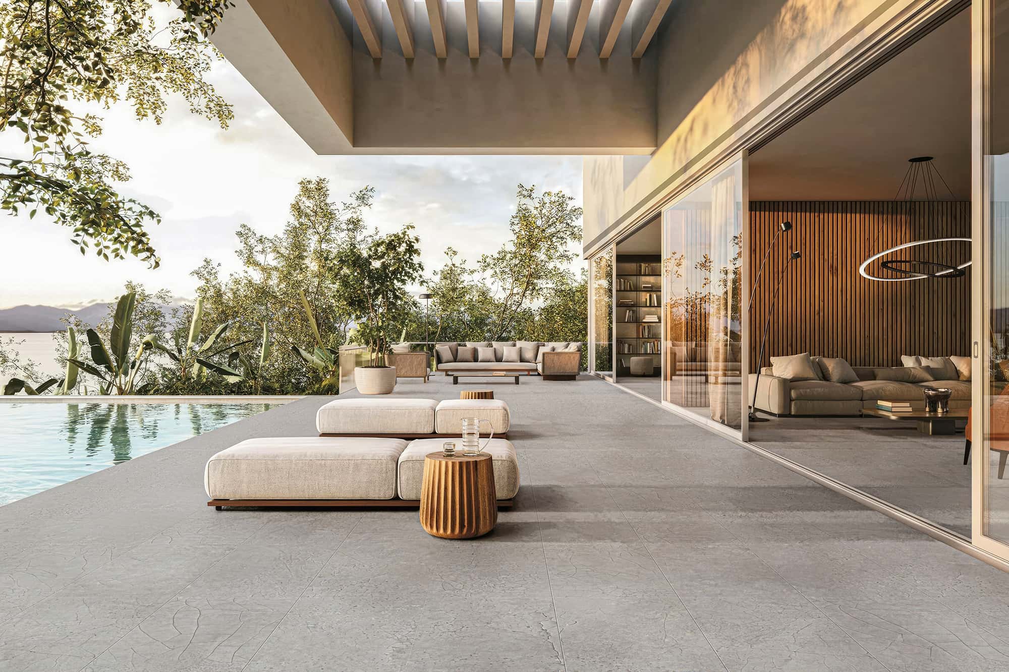 Elegant outdoor kitchen countertop finished with seamless, waterproof microcement